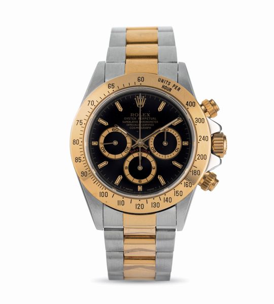 ROLEX : Cosmograph Daytona ref 16523 acciaio e oro, quadrante nero con contatori champagne e bracciale Oyster, ghiera tachimetrica accompagnato da scatola e garanzia  - Asta Orologi da Polso - Associazione Nazionale - Case d'Asta italiane