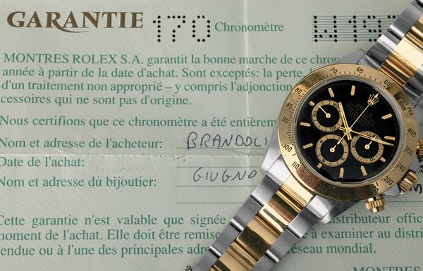 ROLEX : Cosmograph Daytona ref 16523 acciaio e oro, quadrante nero con contatori champagne e bracciale Oyster, ghiera tachimetrica accompagnato da scatola e garanzia  - Asta Orologi da Polso - Associazione Nazionale - Case d'Asta italiane