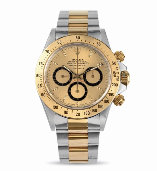 ROLEX : Cosmograph Daytona ref 16523 Floating acciaio e oro con scatola e garanzia, quadrante champagne contatori neri, ghiera tachimetrica<BR>  - Asta Orologi da Polso - Associazione Nazionale - Case d'Asta italiane