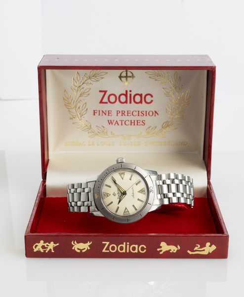 ZODIAC : Raro Sea Wolf Albino senza data automatico in acciaio con ghiera girevole e bracciale originale accompagnato da scatola originale  - Asta Orologi da Polso - Associazione Nazionale - Case d'Asta italiane