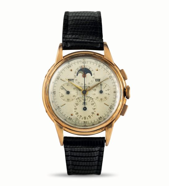 Universal Genève : Tricompax ref 12268 in oro giallo 18k retailer Gobbi Milano cronografo e calendario con fasi lunari accompagnato da garanzia originale e del rivenditore  - Asta Orologi da Polso - Associazione Nazionale - Case d'Asta italiane