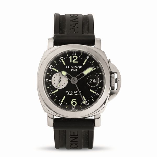 OFFICINE PANERAI : Luminor GMT ref 6554 in acciaio,quadrante nero, carica automatica con cinturino in gomma  - Asta Orologi da Polso - Associazione Nazionale - Case d'Asta italiane