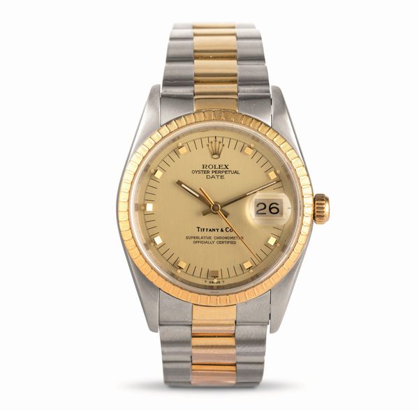 ROLEX : Raro Date ref 15203, quadrante double signed Tiffany con indici obliqui, ghiera godronata, bracciale Oyster carica automatica  - Asta Orologi da Polso - Associazione Nazionale - Case d'Asta italiane