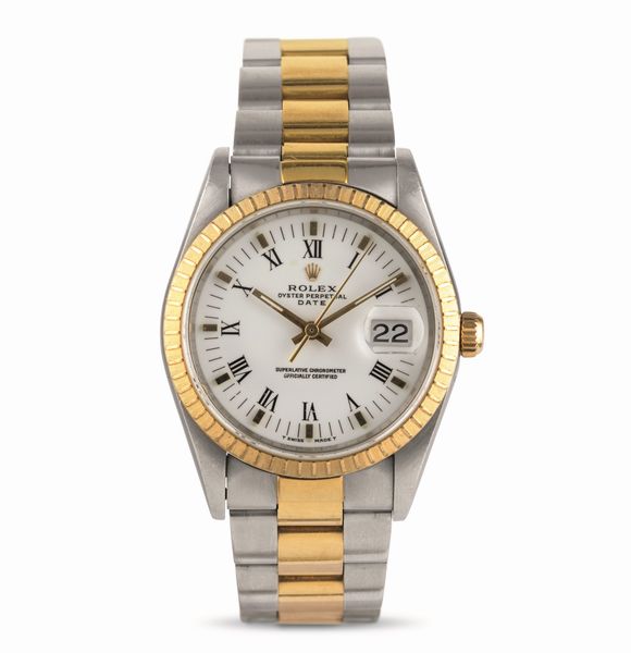 ROLEX : Oyster Perpetual Date ref 15233 acciaio e oro, quadrante bianco numeri Romani, ghiera godronata, bracciale Oyster  - Asta Orologi da Polso - Associazione Nazionale - Case d'Asta italiane