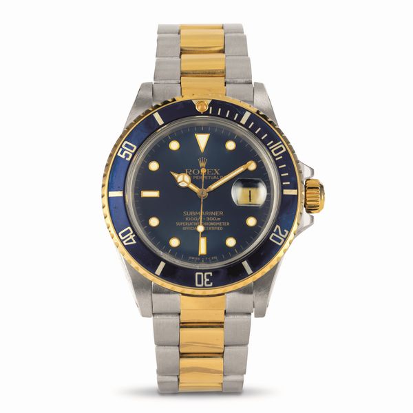 ROLEX : Oyster Perpetual Date Submariner, ref 16803 acciaio e oro giallo 18k, quadrante blu movimento automatico  - Asta Orologi da Polso - Associazione Nazionale - Case d'Asta italiane