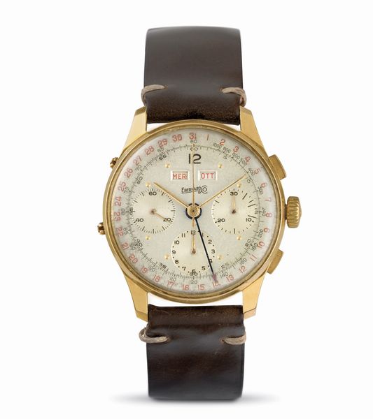 Eberhard & Co : Dato-Compax in oro giallo 18k, cronografo con triplo calendario, anse sfaccettate, carica manuale  - Asta Orologi da Polso - Associazione Nazionale - Case d'Asta italiane