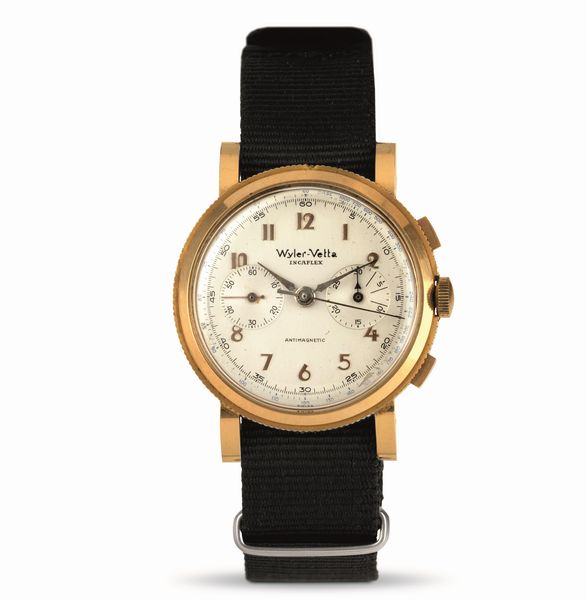 WYLER VETTA : Raro crronografo due contatori Oversize in oro giallo 18k cassa moneta, carica manuale Valjoux 22  - Asta Orologi da Polso - Associazione Nazionale - Case d'Asta italiane