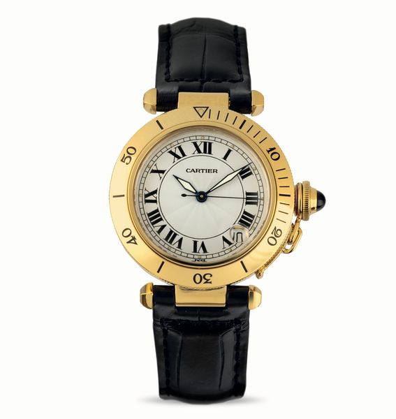 CARTIER : Pasha C ref 1035 in oro giallo 18k movimento automatico con datario, accompagnato da garanzia originale  - Asta Orologi da Polso - Associazione Nazionale - Case d'Asta italiane