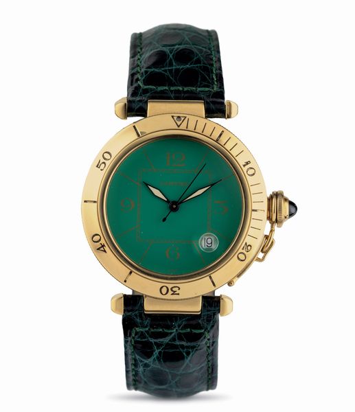 CARTIER : Pasha in oro giallo 18k con rarissimo quadrante verde, cinturino in pelle, movimento automatico con garanzia originale  - Asta Orologi da Polso - Associazione Nazionale - Case d'Asta italiane