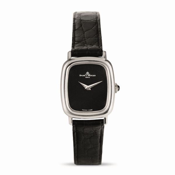 Baume & Mercier : Elegante Ellipse Lady in oro bianco 18k, quadrante nero con scritte argentate, carica manuale  - Asta Orologi da Polso - Associazione Nazionale - Case d'Asta italiane