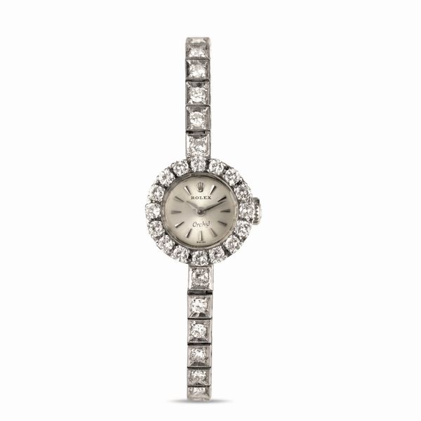 ROLEX : Orchid ref 9060 in oro bianco 18k impreziosito da 30 diamanti incastonati sul bracciale e 16 sulla corona, carica manuale accompaganto da scatola originale  - Asta Orologi da Polso - Associazione Nazionale - Case d'Asta italiane