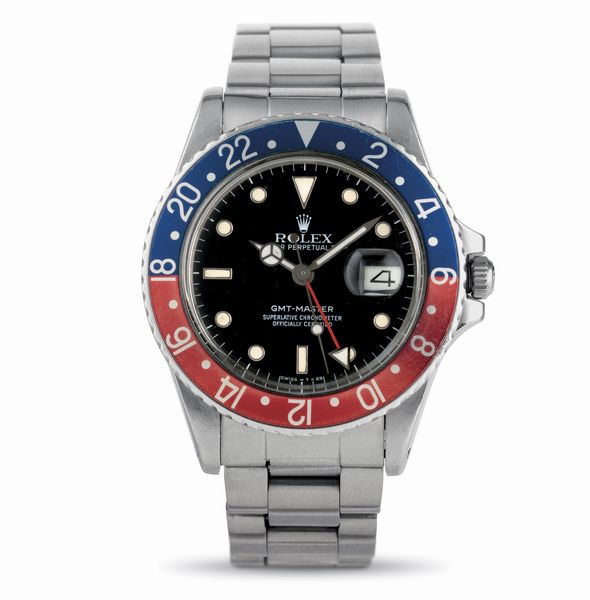 ROLEX : GMT Master Pepsi ref 16750, modello transizionale vetro plastica quadrante bicchierini con ghiera bidirezionale, bracciale Oyster accompagnato da scatola e garanzia  - Asta Orologi da Polso - Associazione Nazionale - Case d'Asta italiane