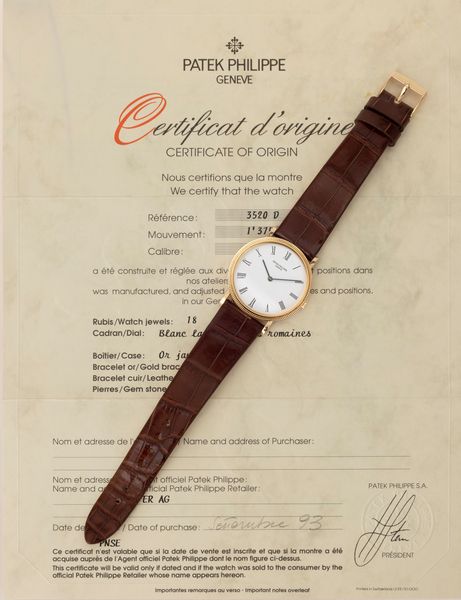 PATEK PHILIPPE : Elegante Calatrava Clos de Paris ref 3520 in oro giallo 18k, quadrante bianco numeri Romani, carica manuale con garanzia originale  - Asta Orologi da Polso - Associazione Nazionale - Case d'Asta italiane