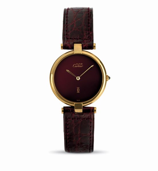 CARTIER : Must Ronde Vermeil, quadrante Bordeaux, cassa in argento laminato, movimento al quarzo  - Asta Orologi da Polso - Associazione Nazionale - Case d'Asta italiane