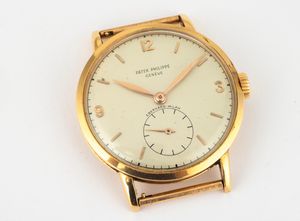 PATEK PHILIPPE : Raro ed elegante Calatrava ref 1513 in oro giallo 18k, quadrante retailer Eberhard Milano, numeri arabi applicati e piccoli secondi in basso  - Asta Orologi da Polso - Associazione Nazionale - Case d'Asta italiane