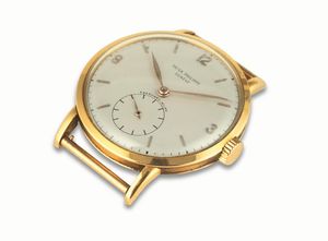 PATEK PHILIPPE : Raro ed elegante Calatrava ref 1513 in oro giallo 18k, quadrante retailer Eberhard Milano, numeri arabi applicati e piccoli secondi in basso  - Asta Orologi da Polso - Associazione Nazionale - Case d'Asta italiane