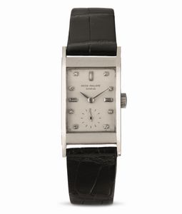 PATEK PHILIPPE - Tegola ref 2461 in platino di forma rettangolare quadrante Argent indici in diamanti e piccoli secondi