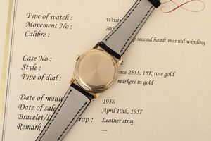 PATEK PHILIPPE : Raro ed affascinante Calatrava ref 2555 in oro rosa 18k, secondi centrali quadrante nero numeri Breguet applicati con Estratto d'Archivio  - Asta Orologi da Polso - Associazione Nazionale - Case d'Asta italiane