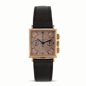 Baume & Mercier - Raro ed elegante cronografo di forma tasti quadri in oro rosa quadrante rosa con scala tachimetrica a chiocciola