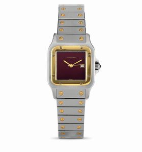 CARTIER - Santos Carre automatico ref 2691 con raro quadrante Burgundy acciaio e oro