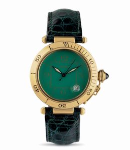 CARTIER - Pasha in oro giallo 18k con rarissimo quadrante verde, cinturino in pelle, movimento automatico con garanzia originale