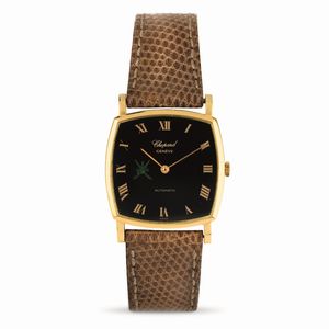 CHOPARD - Raro orologio di forma quadrante nero con Spade del Khanjar verdi, cassa in oro giallo, movimento automatico