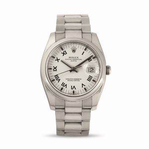 ROLEX - Oyster Perpetual Date ref 115200 in acciaio, quadrante bianco numeri Romani, quadrante Oyster