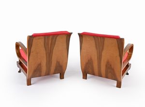 Coppia di poltrone Dec in legno e tappezzeria rossa  - Asta Design e arti decorative del XX secolo - Associazione Nazionale - Case d'Asta italiane