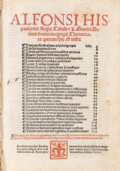 Alfonso X : Alfonsi Hispaniarum regis Tabule & L. Gaurici artium doctoris egregij Theoremata quorum hic est index  - Asta Libri, Autografi e Stampe - Associazione Nazionale - Case d'Asta italiane