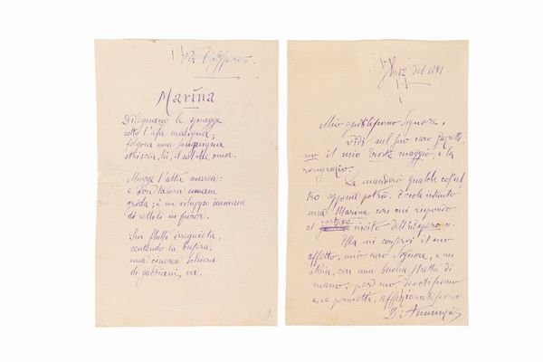 Gabriele D'Annunzio : Marina  - Asta Libri, Autografi e Stampe - Associazione Nazionale - Case d'Asta italiane