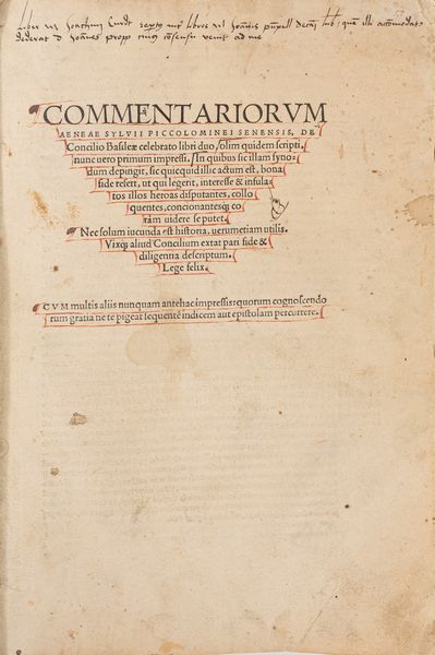 Piccolomini, Enea Silvio : Commentariorum [...] De Concilio Basileae celebrato libri duo, olim quidem scripti nunc uero primum impressi  - Asta Libri, Autografi e Stampe - Associazione Nazionale - Case d'Asta italiane