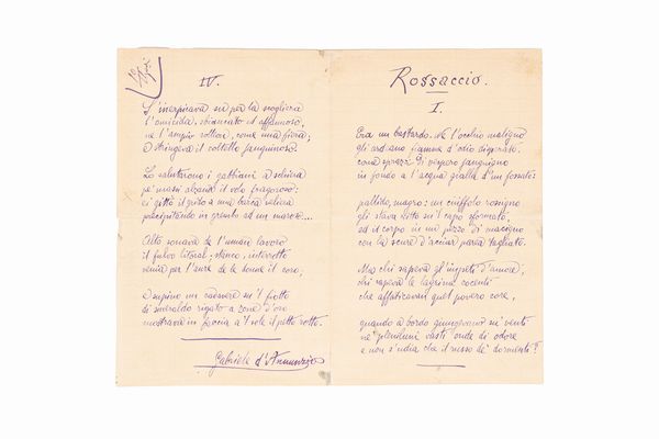 Gabriele D'Annunzio : Rossaccio  - Asta Libri, Autografi e Stampe - Associazione Nazionale - Case d'Asta italiane