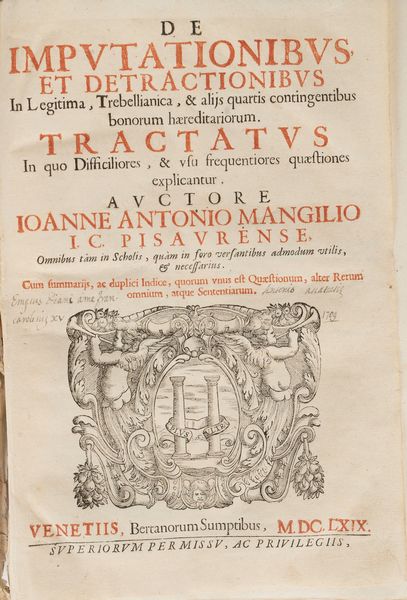 Giovanni Antonio Mangili : De Imputationibus et Detractionibus in Legitima, Trebellianica et aliis Quartis contingentibus bonorum haereditariorum Tractatus  - Asta Libri, Autografi e Stampe - Associazione Nazionale - Case d'Asta italiane