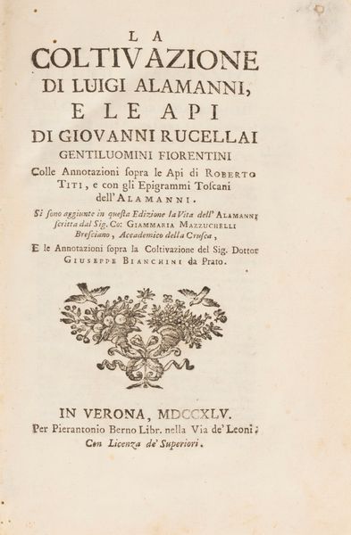 Alamanni, Luigi, : La coltivazione di Luigi Alamanni e le api  - Asta Libri, Autografi e Stampe - Associazione Nazionale - Case d'Asta italiane