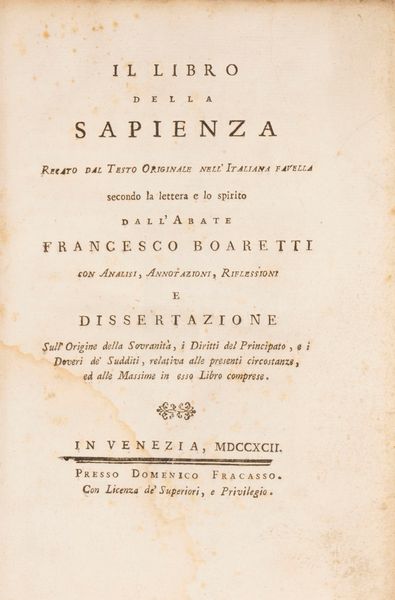 Francesco  Boaretti : Il libro della Sapienza  - Asta Libri, Autografi e Stampe - Associazione Nazionale - Case d'Asta italiane