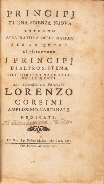 Vico, Giambattista : Principi Scienza Nuova  - Asta Libri, Autografi e Stampe - Associazione Nazionale - Case d'Asta italiane