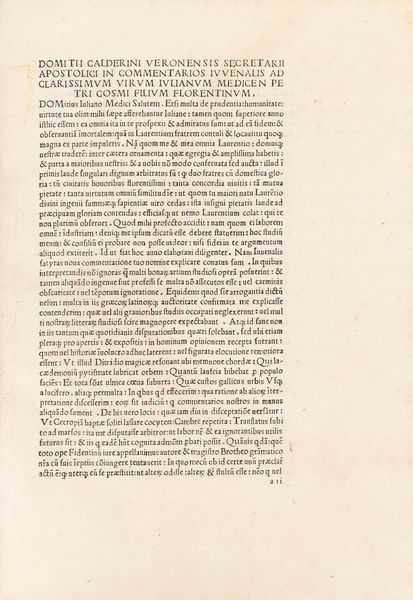 Domitius Calderinus : Commentarii in Juvenalem  - Asta Libri, Autografi e Stampe - Associazione Nazionale - Case d'Asta italiane