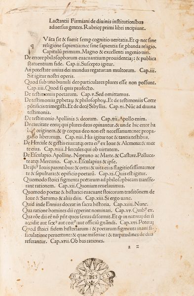 Lactantius, Lucius Coelius Firmianus : Lactantii Firmiani de diuinis institutionibus aduersus gentes  - Asta Libri, Autografi e Stampe - Associazione Nazionale - Case d'Asta italiane