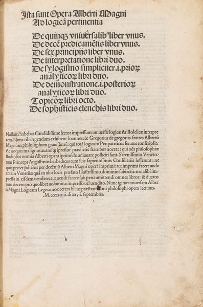 Albertus Magnus : Logica (Liber I-VIII). Add: Nicolaus Judecus: Quid apud Aristotelem significat verbum utrumlibet  - Asta Libri, Autografi e Stampe - Associazione Nazionale - Case d'Asta italiane