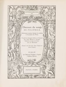 Colonna, Francesco - Le Songe de Poliphile. Hypnerotomachie ou Discours du songe de Poliphile, déduisant comme Amour le combat à l'occasion de Polia. Orné des compositions de Mantegna, gravées sur bois par Jean Cousin et Jean Goujon.