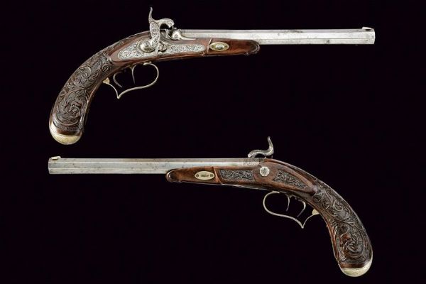 Interessante paio di pistole da tiro a luminello di F. Weiland  - Asta Rare Armi Antiche e Militaria da tutto il mondo - Associazione Nazionale - Case d'Asta italiane