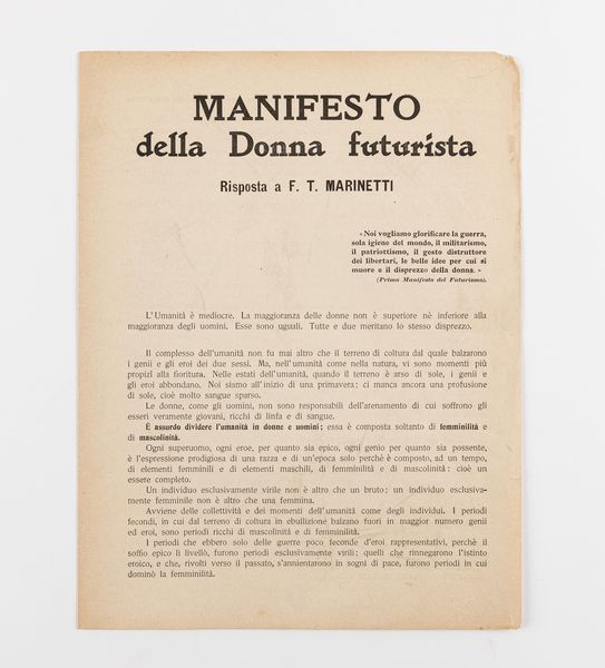 Valentine De Saint-Point (rif.) : Manifesto della Donna Futurista  - Asta Testimonianze Contemporanee: Documenti, Libri, Fotografie e Opere d'Arte - Associazione Nazionale - Case d'Asta italiane