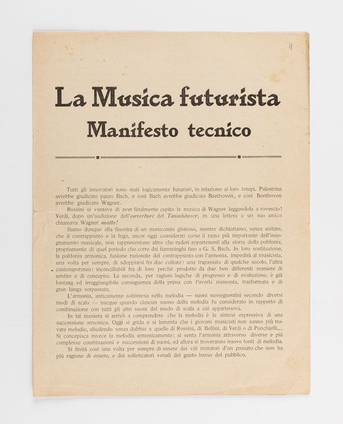 FRANCESCO BALILLA PRATELLA : La musica futurista. Manifesto tecnico  - Asta Testimonianze Contemporanee: Documenti, Libri, Fotografie e Opere d'Arte - Associazione Nazionale - Case d'Asta italiane