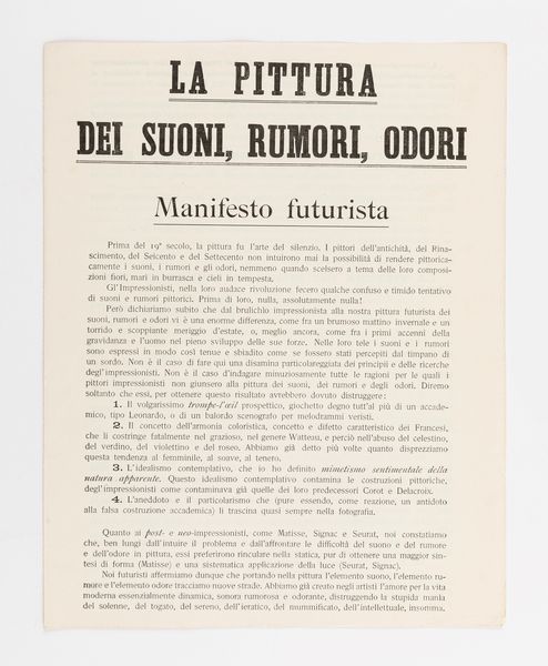 Carlo Dalmazzo Carrà (rif.) : La pittura dei Suoni, Rumori, Odori. Manifesto Futurista  - Asta Testimonianze Contemporanee: Documenti, Libri, Fotografie e Opere d'Arte - Associazione Nazionale - Case d'Asta italiane