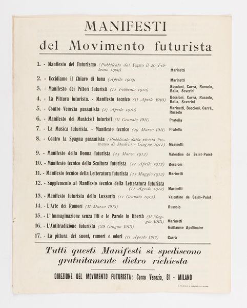 Carlo Dalmazzo Carrà (rif.) : La pittura dei Suoni, Rumori, Odori. Manifesto Futurista  - Asta Testimonianze Contemporanee: Documenti, Libri, Fotografie e Opere d'Arte - Associazione Nazionale - Case d'Asta italiane