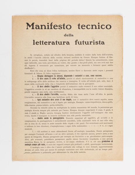 Filippo Tommaso Marinetti : Manifesto Tecnico della Letteratura Futurista  - Asta Testimonianze Contemporanee: Documenti, Libri, Fotografie e Opere d'Arte - Associazione Nazionale - Case d'Asta italiane