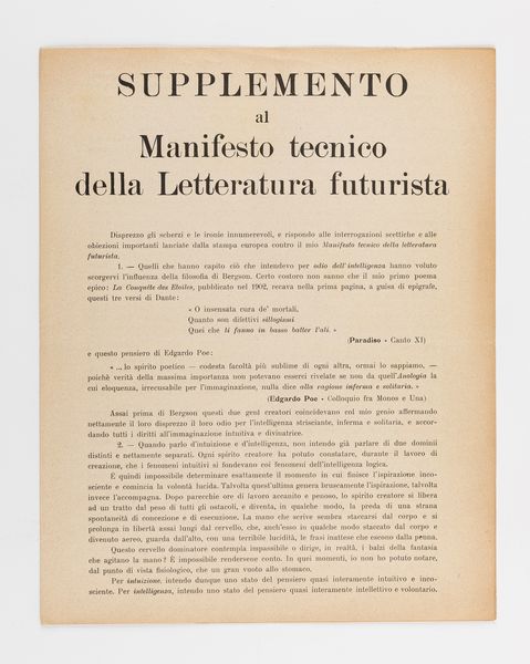 Filippo Tommaso Marinetti : Supplemento al Manifesto tecnico della Letteratura futurista  - Asta Testimonianze Contemporanee: Documenti, Libri, Fotografie e Opere d'Arte - Associazione Nazionale - Case d'Asta italiane