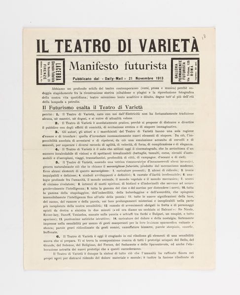 Filippo Tommaso Marinetti (rif.) : Il teatro di varietà. Manifesto futurista  - Asta Testimonianze Contemporanee: Documenti, Libri, Fotografie e Opere d'Arte - Associazione Nazionale - Case d'Asta italiane