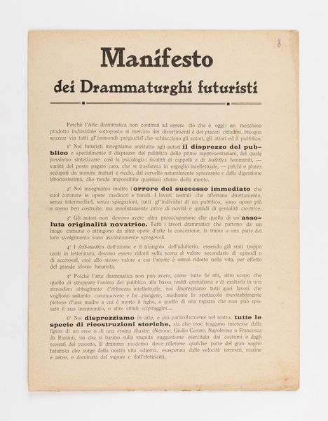 Filippo Tommaso Marinetti (rif.) : Manifesto dei Drammaturghi Futuristi  - Asta Testimonianze Contemporanee: Documenti, Libri, Fotografie e Opere d'Arte - Associazione Nazionale - Case d'Asta italiane