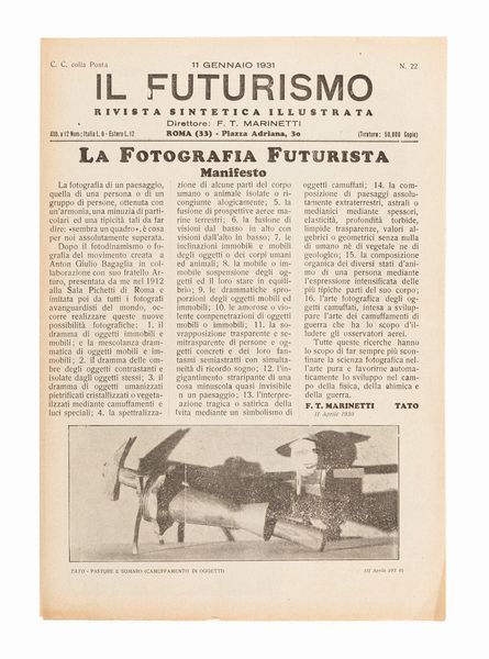 Filippo Tommaso Marinetti, : La fotografia futurista. Manifesto  - Asta Testimonianze Contemporanee: Documenti, Libri, Fotografie e Opere d'Arte - Associazione Nazionale - Case d'Asta italiane